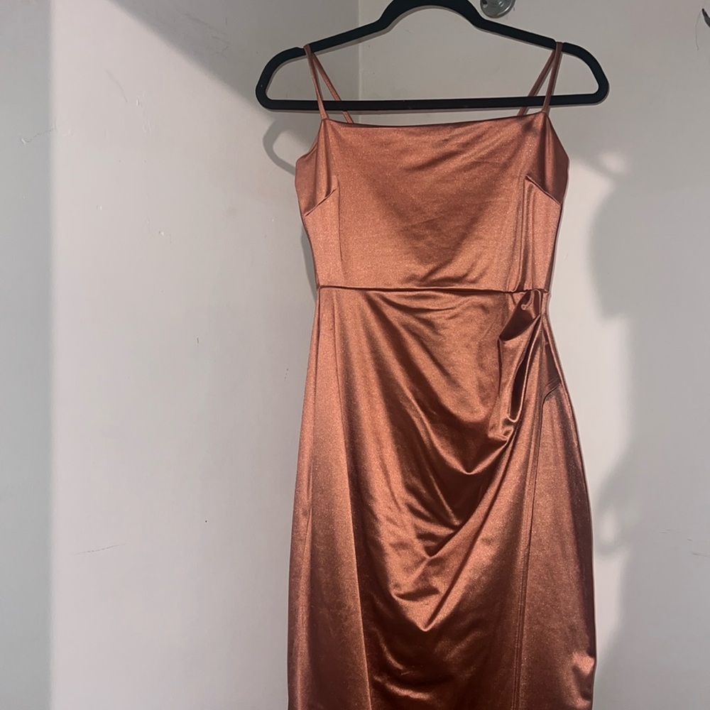 Windsor Copper Cow Neck Satin High Slit Dress